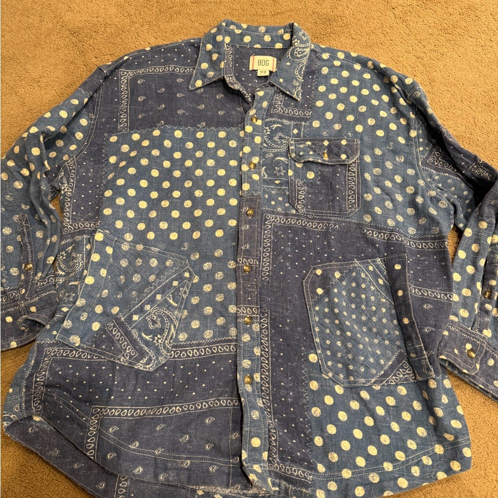BDG Urban Outfitters Blue Denim Patchwork Polka Dot Button-Down Shirt